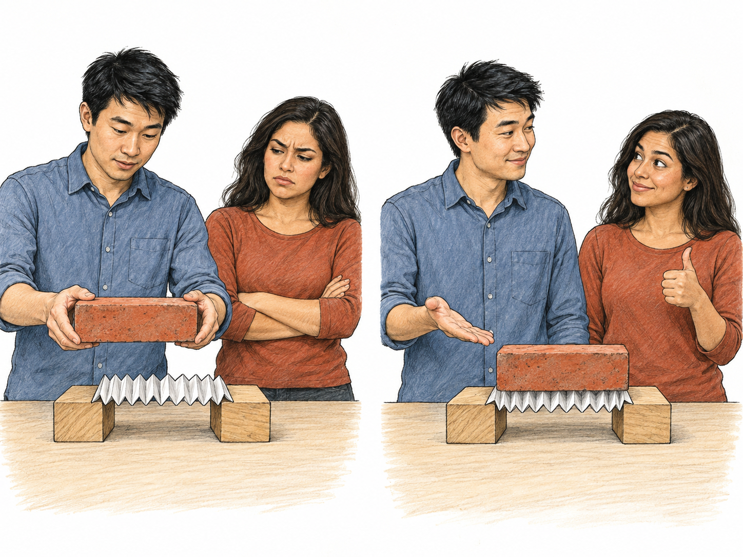 A skeptical woman becomes visibly persuaded when a man demonstrates that a folded-paper bridge can support a heavy brick.