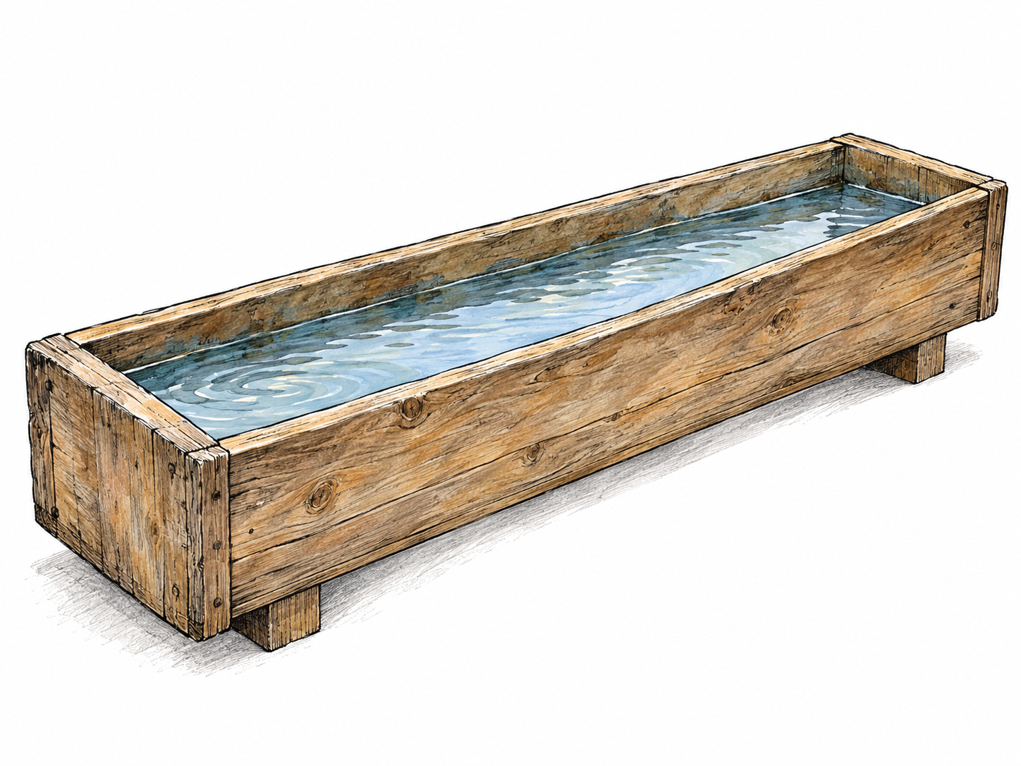 A long, narrow wooden livestock trough filled with water, viewed obliquely from above so its elongated shape, enclosing sides and visible water surface are immediately clear.