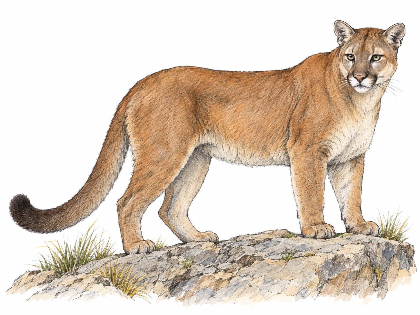 A single adult cougar standing in side profile on a low rocky ledge, its tawny coat, rounded ears and long tail clearly visible.