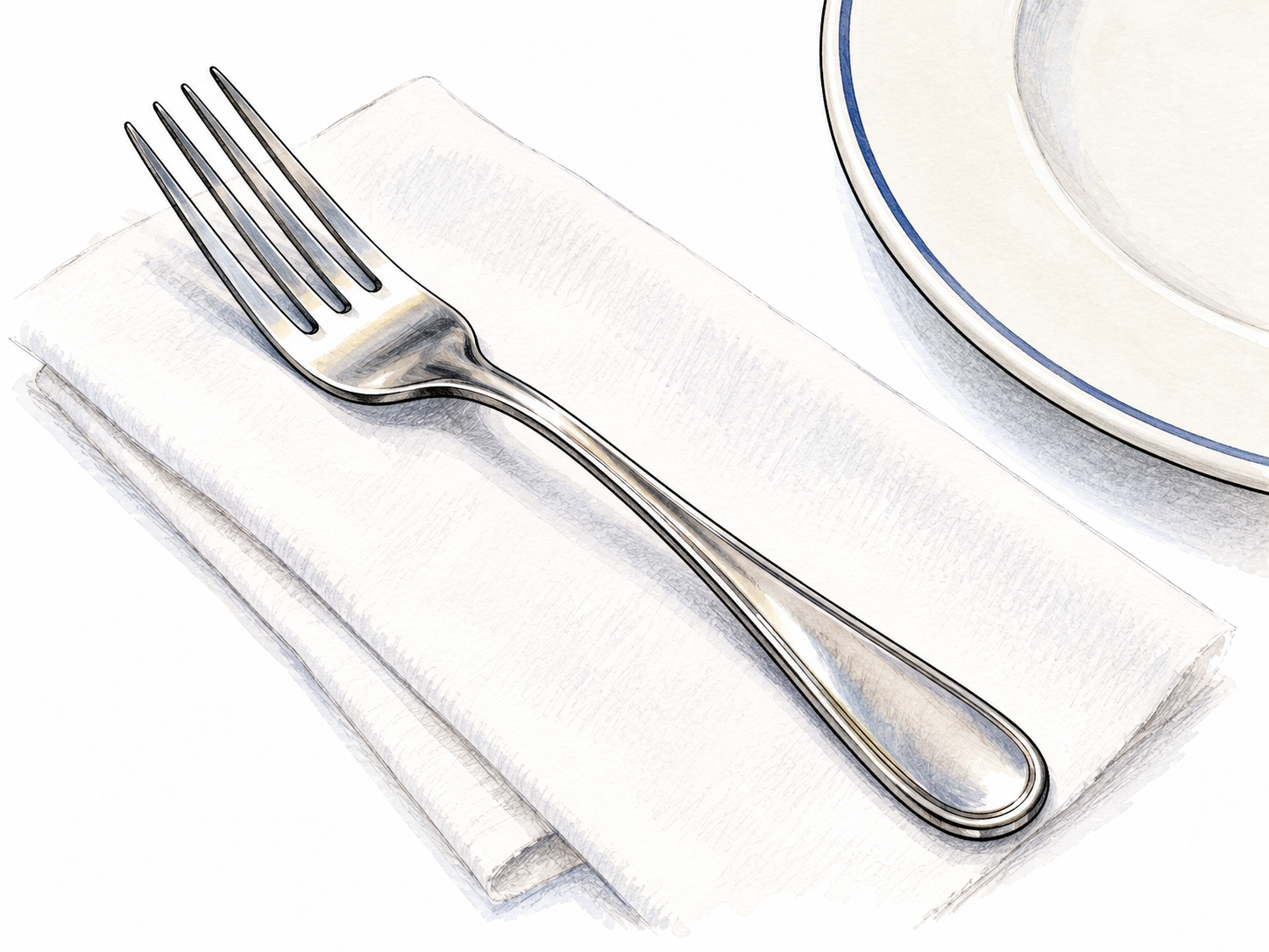 A plain four-tined dining fork on white cloth beside a plate, full utensil visible with correct separate prongs, no decorative text.