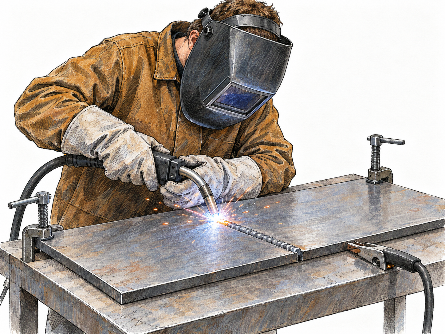 A protected welder joins two steel plates edge-to-edge, with a small bright arc at their meeting seam and a continuous raised weld bead behind the torch.