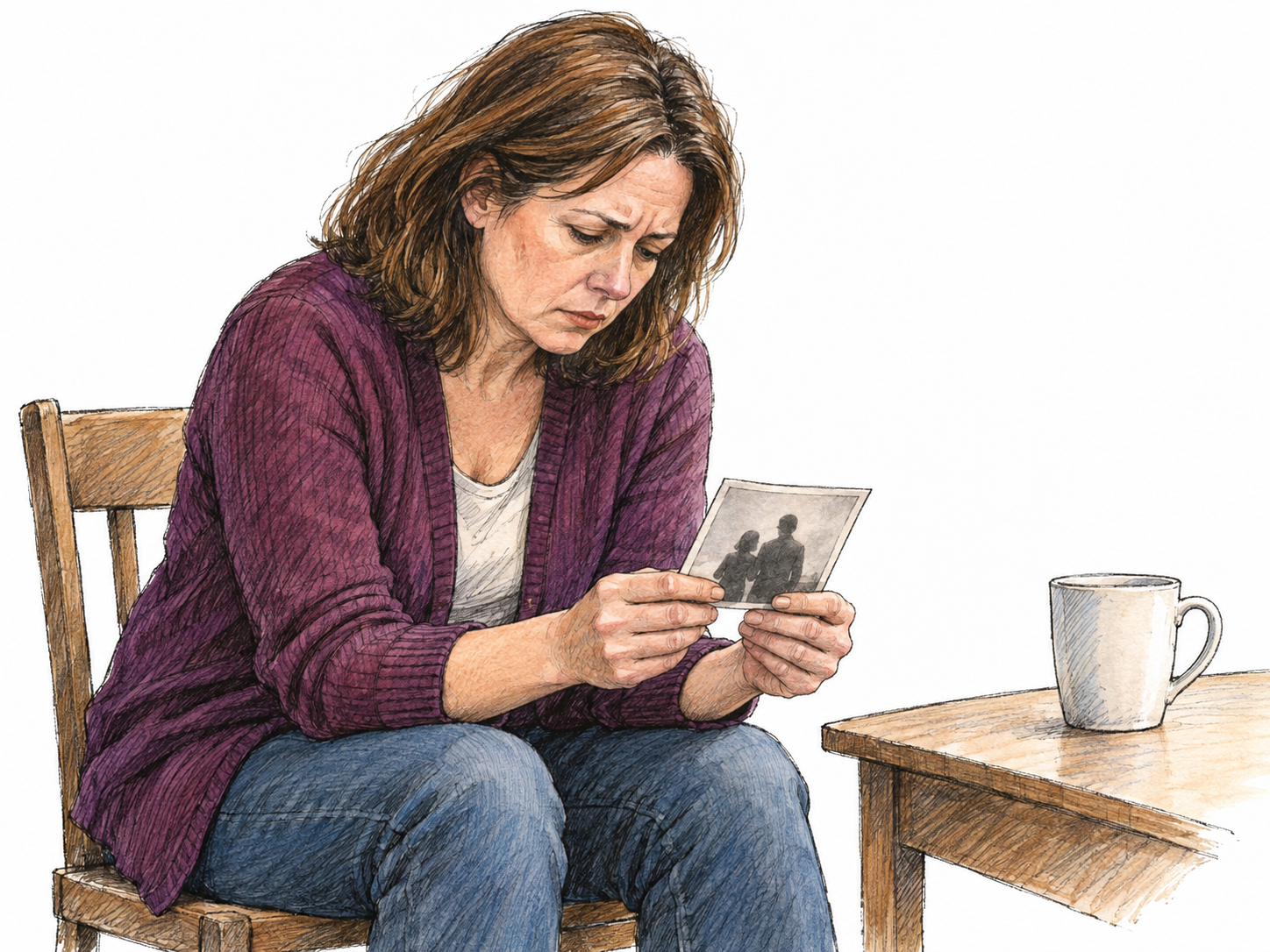 A woman sits on the edge of a simple chair turning a small family photograph in her hands, shoulders slightly hunched and brow knitted, absorbed in troubling thoughts.