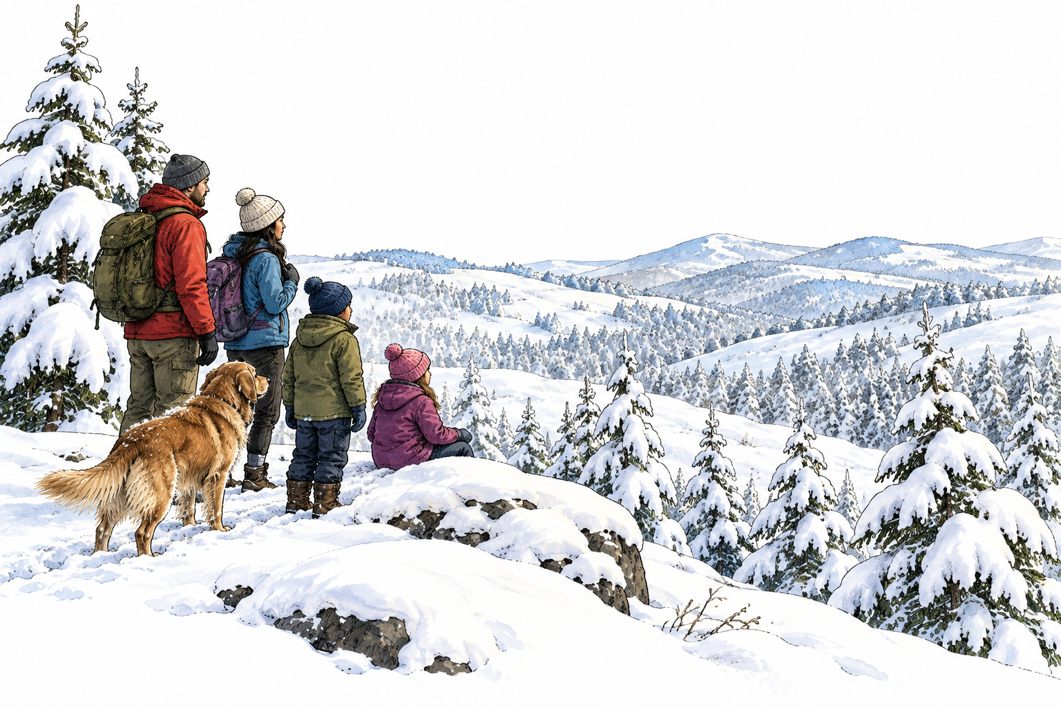 Fresh snow forms a continuous covering mantle over hills and trees.