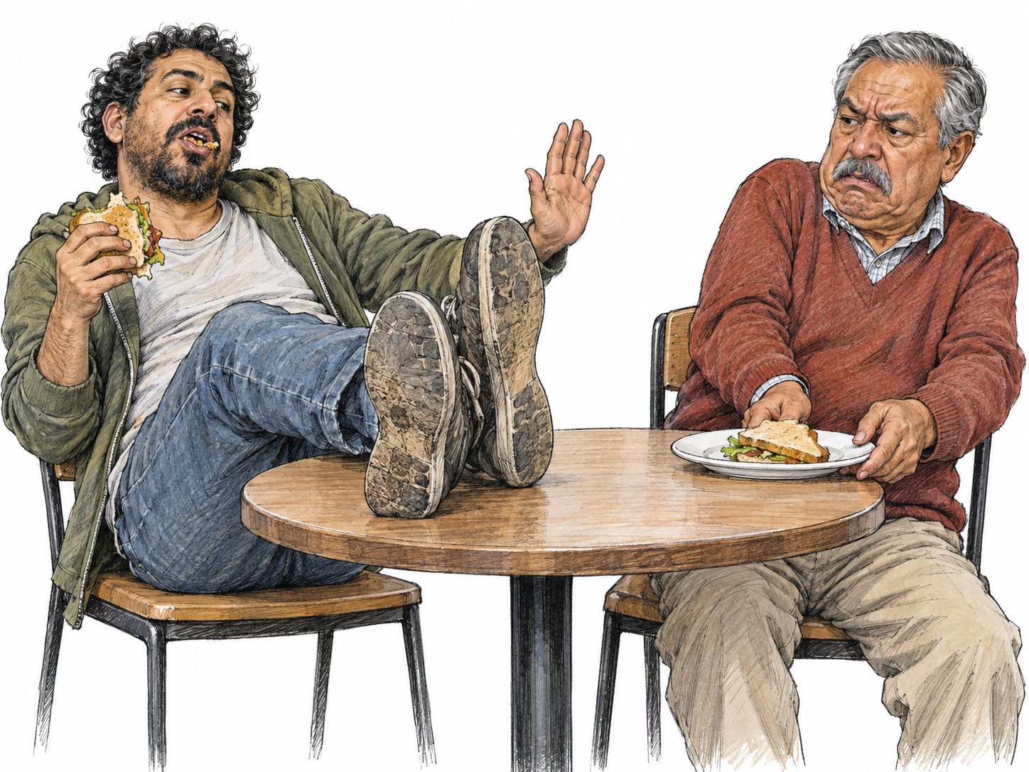 At a small café table, a man lounges with his dirty shoes on the tabletop beside another diner's meal, chewing with his mouth open and dismissively waving away the visibly offended diner.