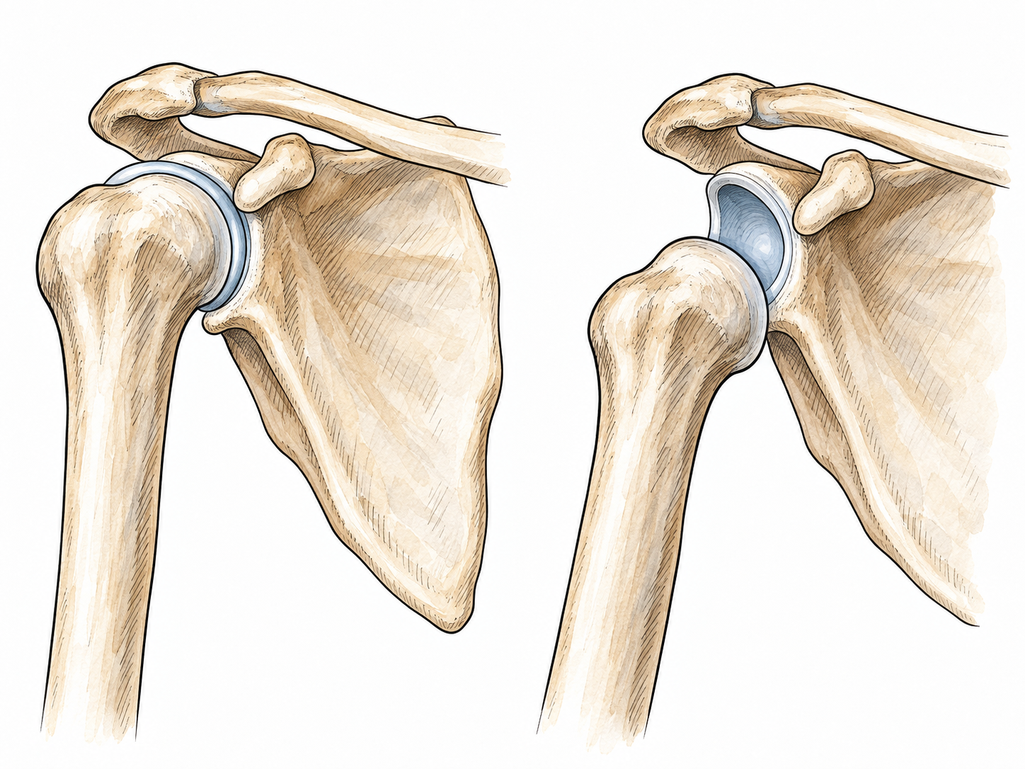 Two clean anatomical shoulder views compare aligned humeral head in the glenoid with a clearly displaced head outside it; correct bone geometry, no gore or treatment steps.