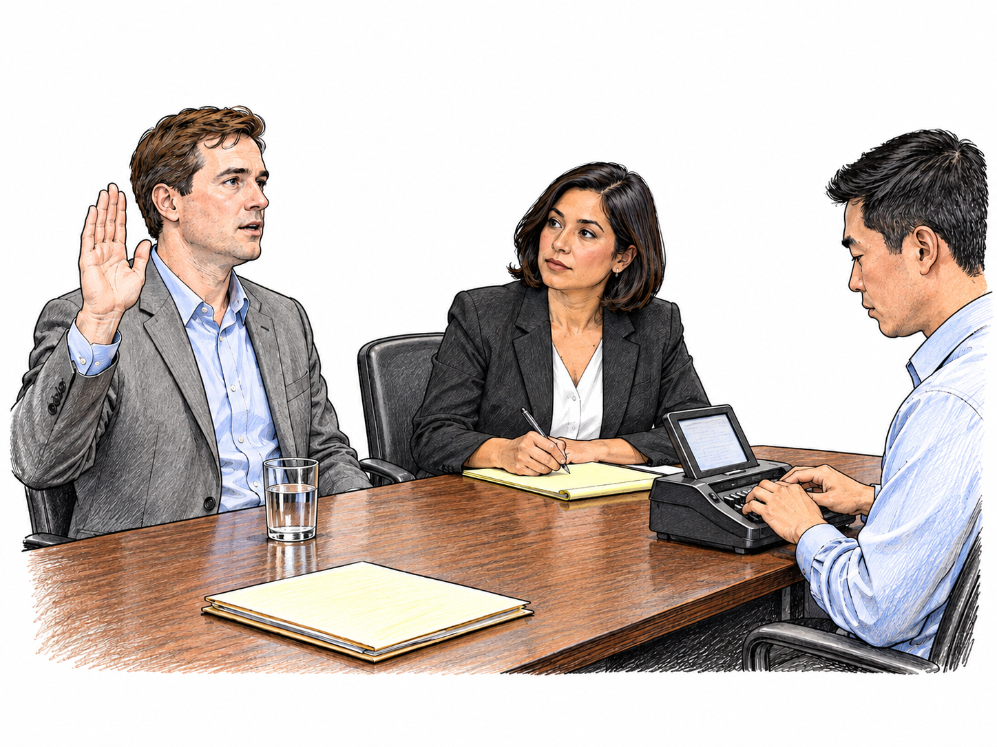 Small office deposition: witness raises right hand to oath beside lawyer while reporter types transcript; ordinary conference table, no judge bench, no courtroom, no readable text.