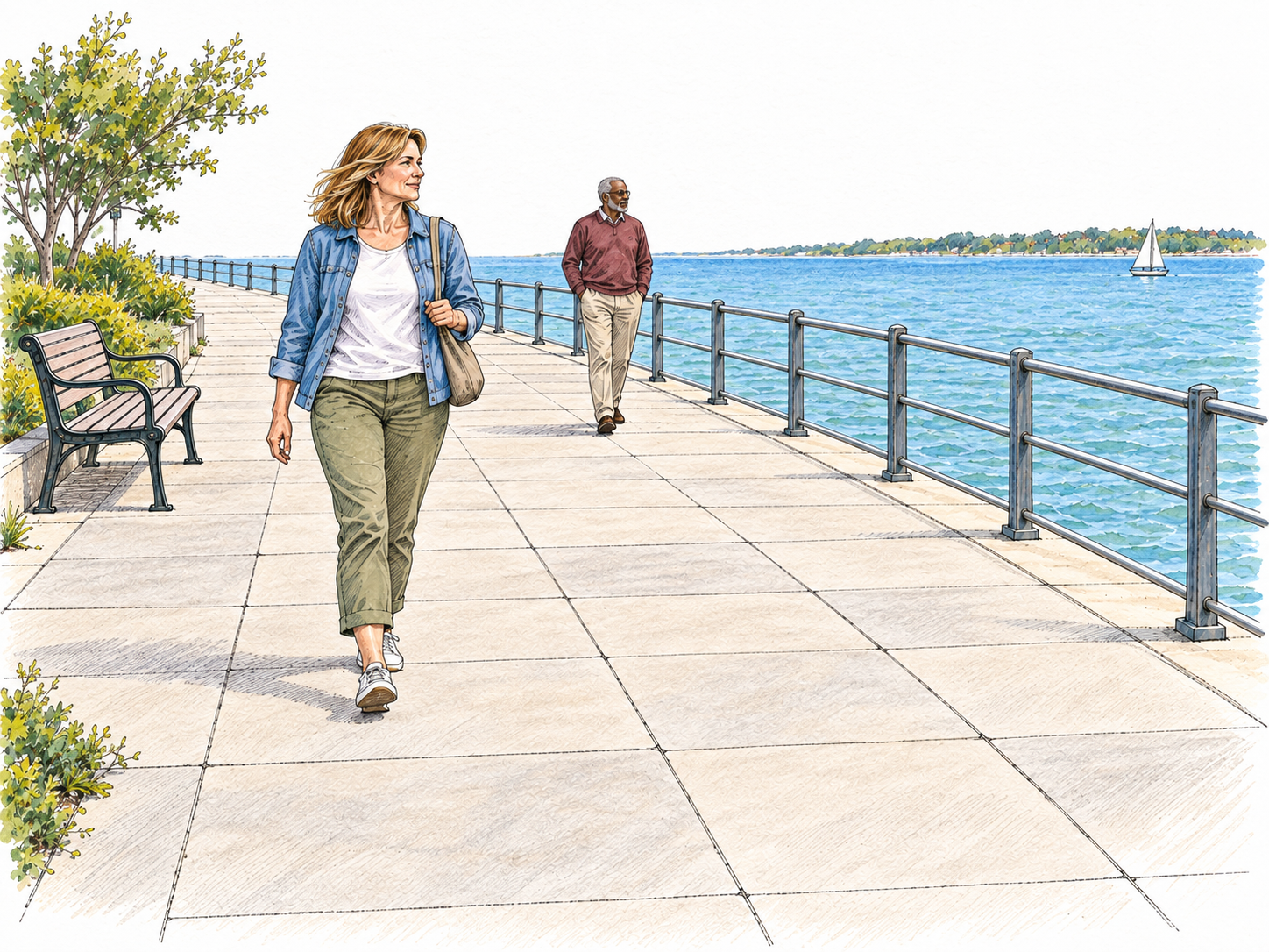 A broad paved waterfront promenade, with a continuous waterside railing and a public bench, recedes gently beside open water.