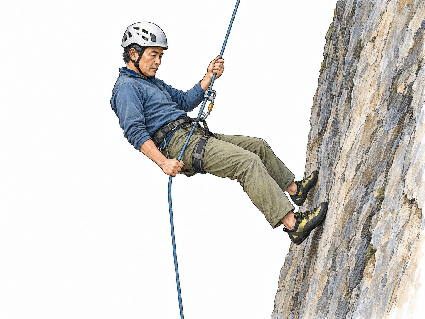 A helmeted climber rappels down a sheer rock face, leaning back in his harness with boots braced against the rock and his brake hand controlling the rope below the descender.