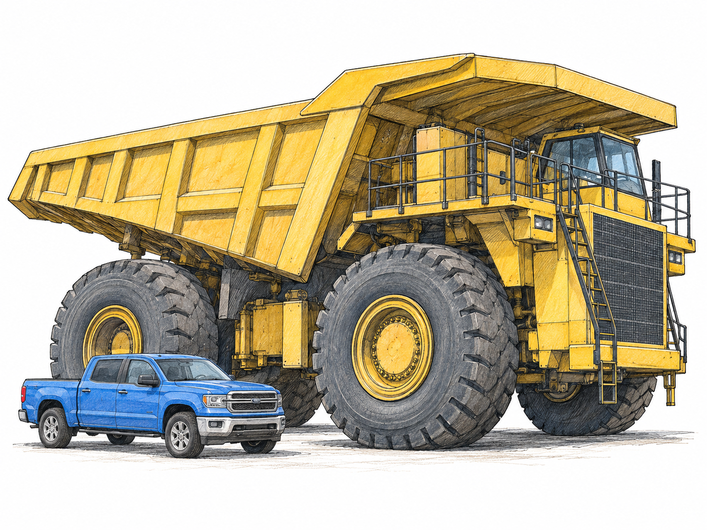A mammoth open-pit mining haul truck towers over a normal-sized pickup parked beside one of its enormous tires, making its extreme size immediately visible without depicting the extinct animal.
