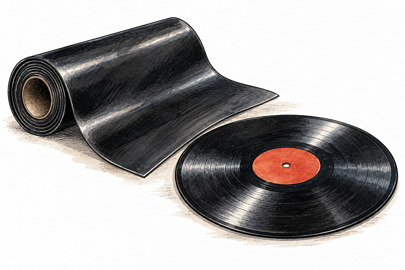 Flexible black vinyl sheet and a vinyl record on a plain surface, distinctive synthetic material and grooves, no lettering.