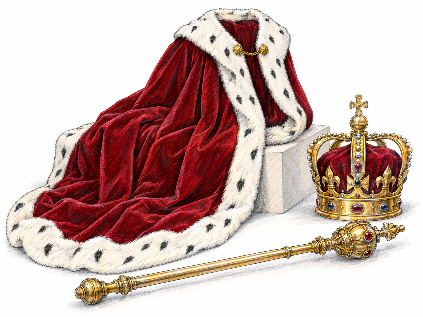 A neatly arranged set of ceremonial royal regalia: an ermine-trimmed crimson robe, a gold crown, and a ceremonial scepter, displayed together without a wearer.