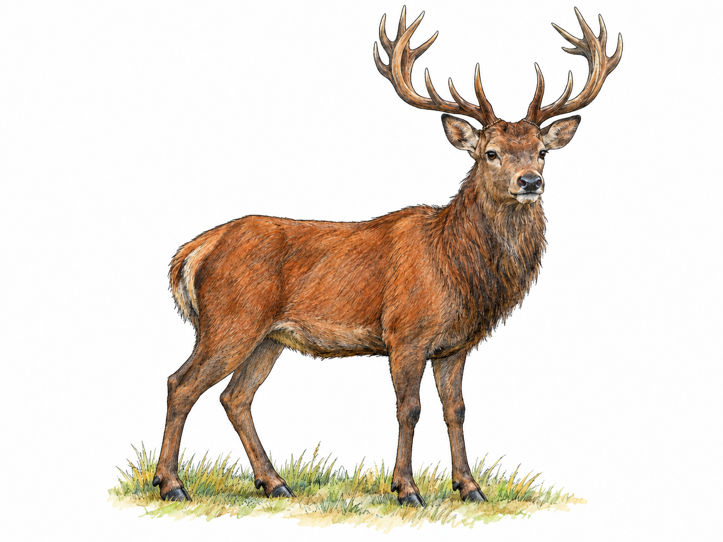 A single mature red deer stag standing in three-quarter profile, with large branching antlers, a powerful neck and adult body proportions clearly visible.