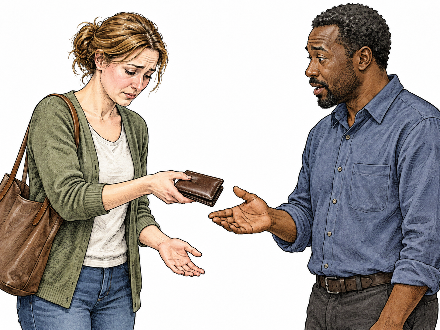 An adult sincerely returns a stolen wallet to its owner with remorseful expression and open empty hand.