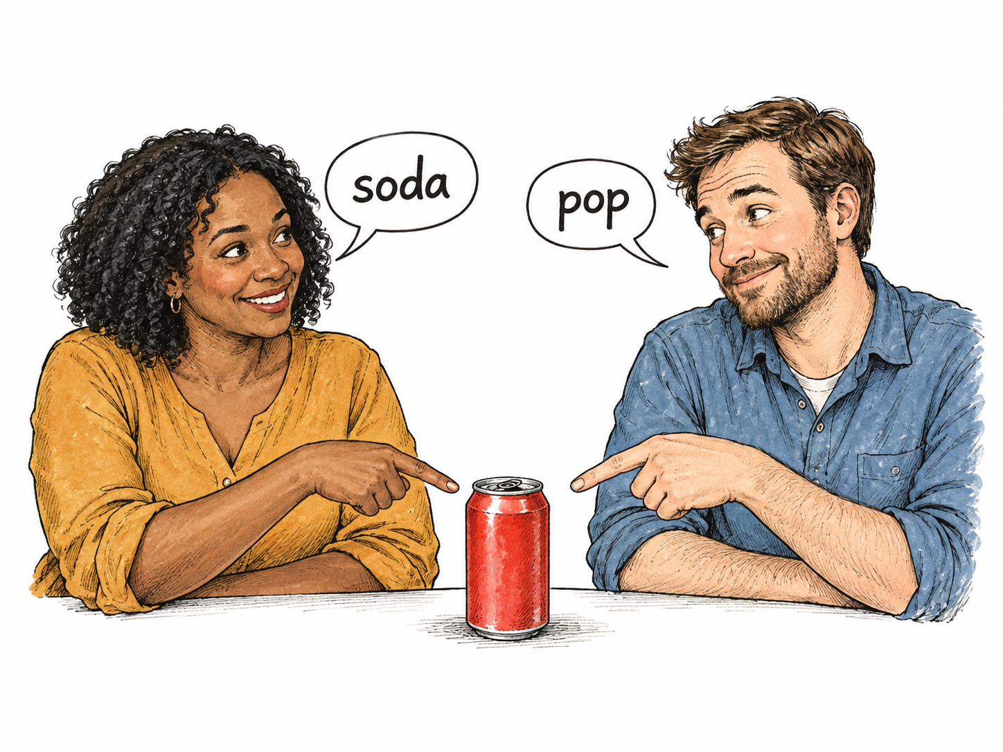 Two ordinary American adults point to the same red soda can between them, each using a small speech balloon: left says only 'soda', right says only 'pop'.