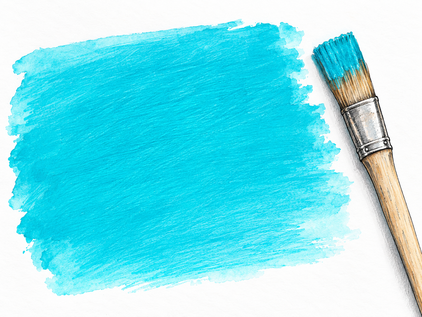 A broad, vivid cyan paint swatch on white paper beside a brush tipped with the identical greenish-blue pigment.