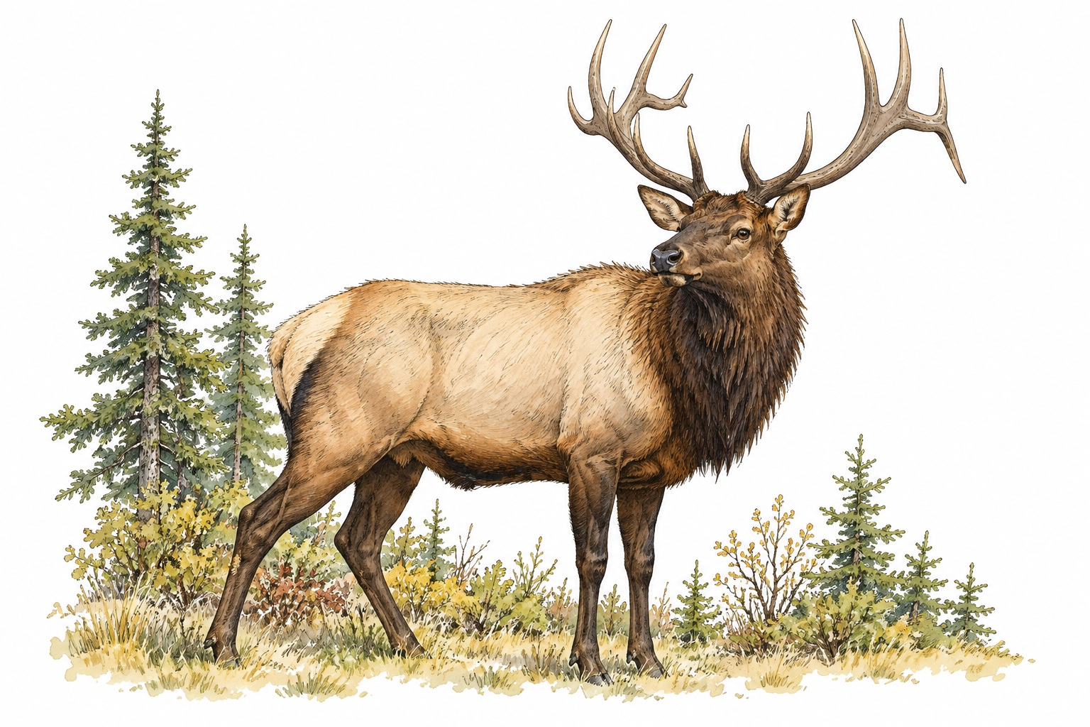 Bull elk with dark shaggy neck tan body and long branching antlers in northern forest clearing, accurate elk anatomy.