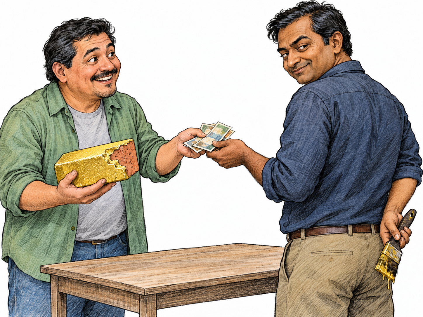 A gullible buyer eagerly pays for a supposedly gold brick despite an obvious peeling gold coating exposing ordinary red clay; the seller conceals the gold-paint brush behind his back.