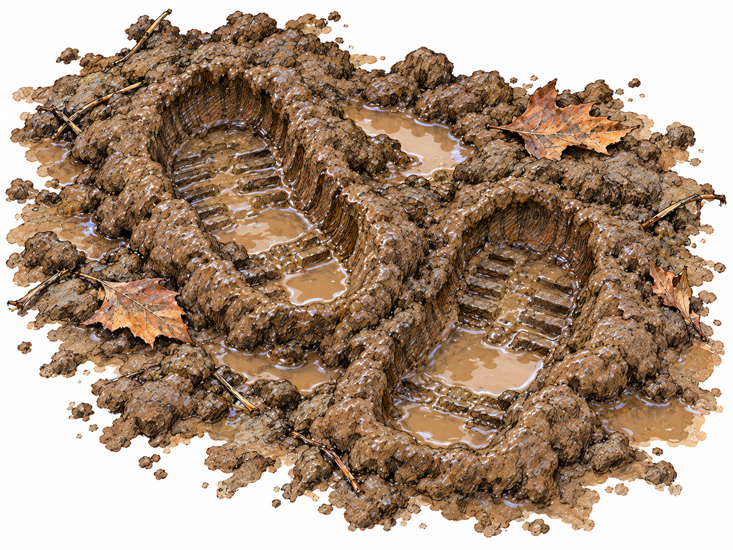 A close view of thick, sloppy brown mud with shallow muddy water, embedded dead leaves, and deep boot impressions whose edges slump into the wet muck.