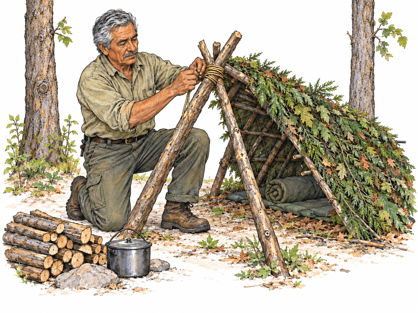 A man skillfully ties branches of a shelter in woodland.