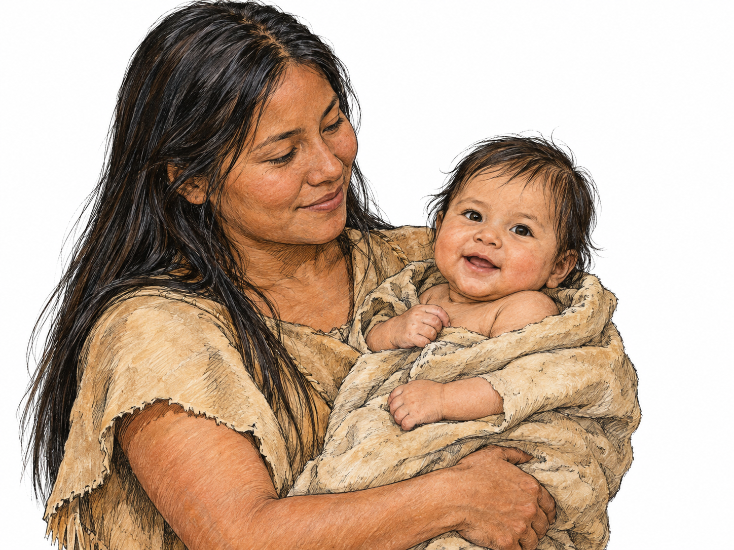 A respectful historical portrait of a Narragansett baby held securely by the baby's mother in early-seventeenth-century southern New England.
