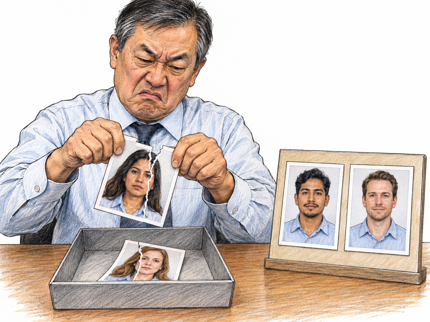 A personnel gatekeeper contemptuously destroys women's employee portrait cards while preserving men's matching cards on a staff board, making gender-selective prejudice visible through repeated differential treatment.