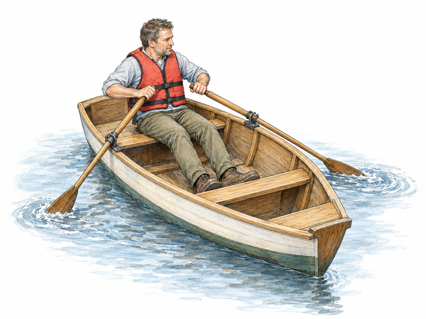 A lone rower propels a small open boat with two short oars, one in each hand, with both blades visibly engaged in the water.