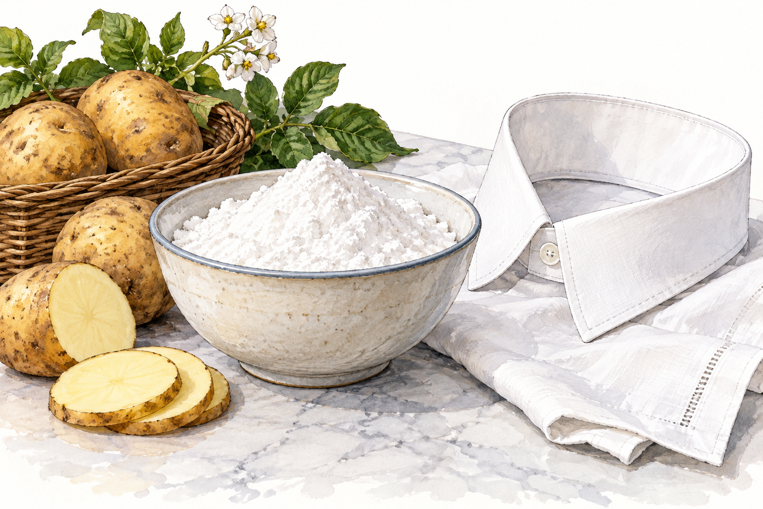 A bowl of fine white starch powder beside potatoes and a crisp starched linen collar, practical material still life, no labels.