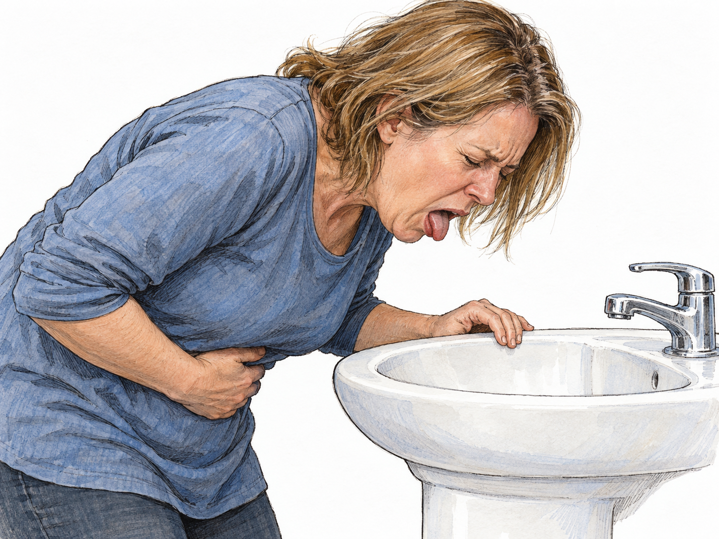 A woman bends sharply over a plain basin in a visible dry-heaving posture: mouth open, tongue slightly forward, eyes squeezed shut, shoulders hunched, and one hand pressed against her contracted upper abdomen.