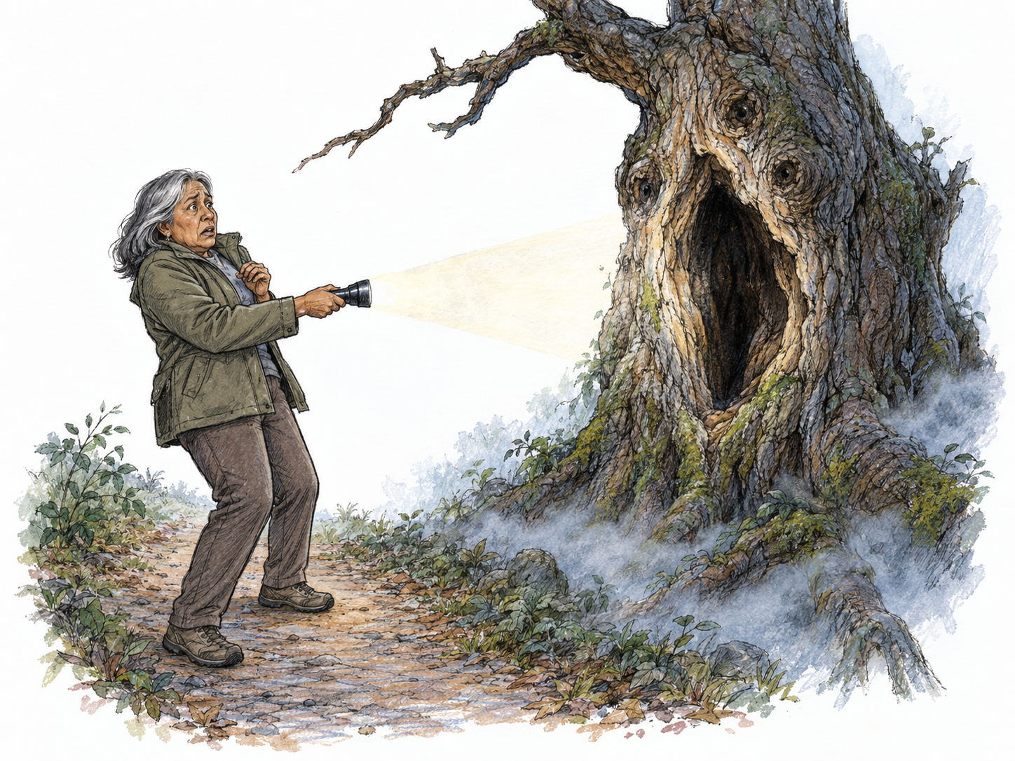 An older woman recoils on a deserted woodland path as her flashlight reveals a vaguely human-shaped hollow in an old tree, half obscured by pale mist.