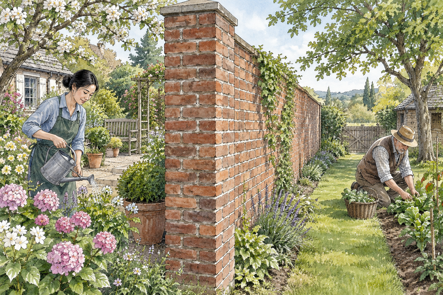 A sturdy brick wall divides two garden spaces, clear upright masonry structure and mortar joints in perspective.