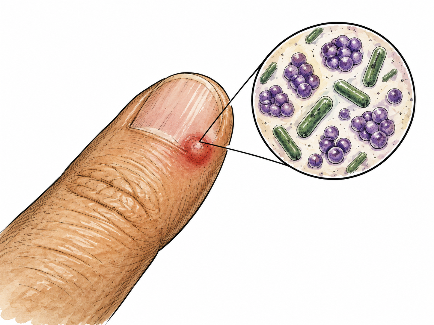 A simple medical-style pen illustration of a fingertip with a mildly reddened swollen small spot, accompanied by an enlarged circular inset of multiplying microbe shapes, no gore, no text.
