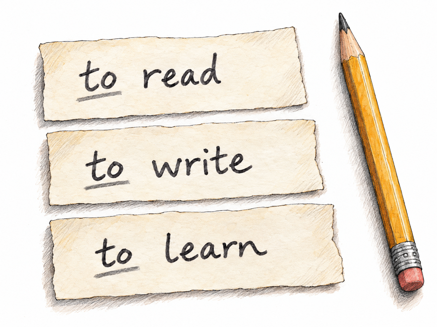 Show grammatical parallelism directly through three related infinitive phrases on physical writing slips: “to read”, “to write”, and “to learn”.