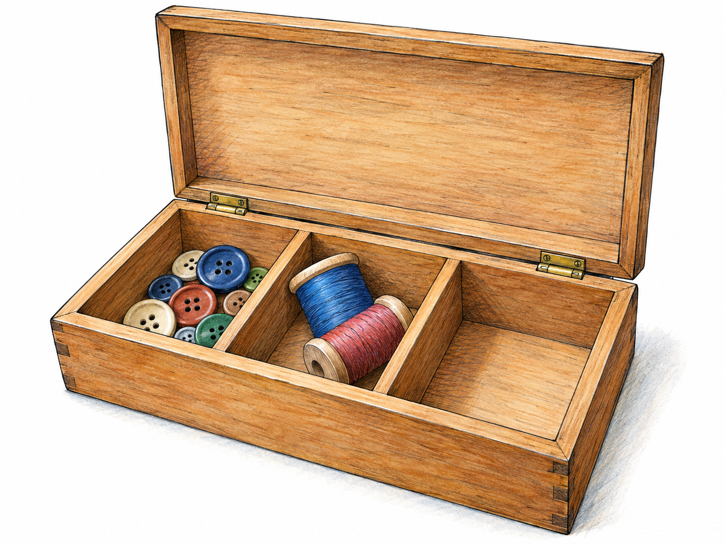 An open wooden organizer box with solid internal dividers forming clearly separate compartments inside one continuous outer case; different small objects occupy separate sections.
