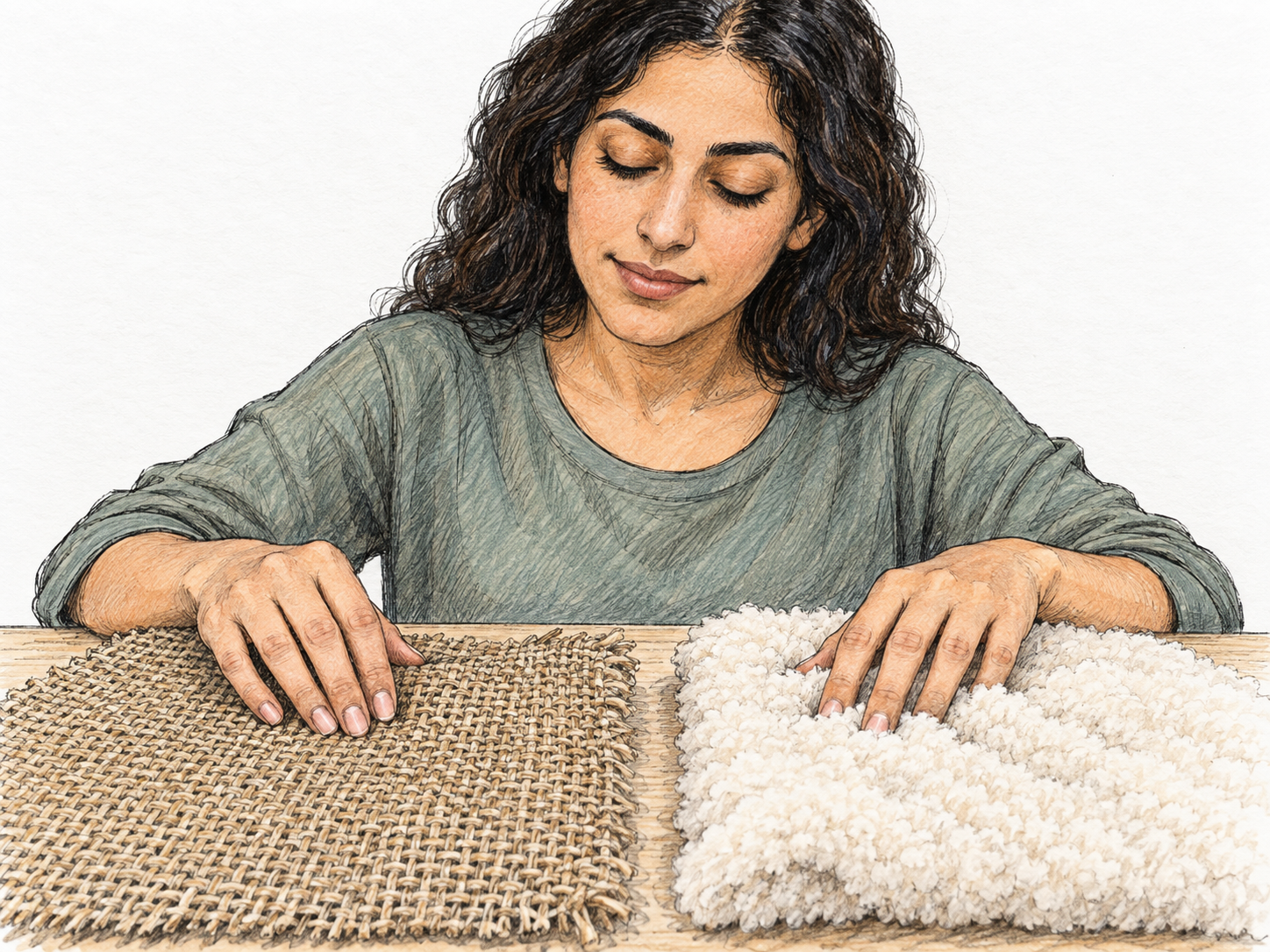 A woman with closed eyes explores contrasting textures with her fingertips: one hand feels coarse woven cloth while the other presses into soft fleece.