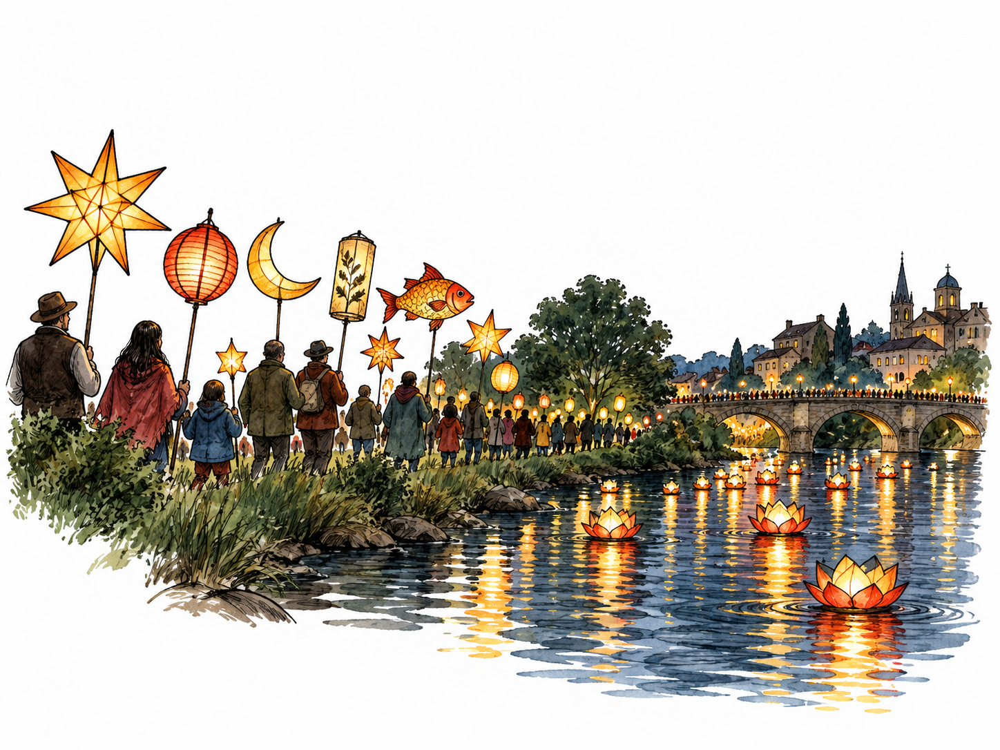 A spectacular lantern procession with warm lights reflected in water, distant varied people and broad visual display.