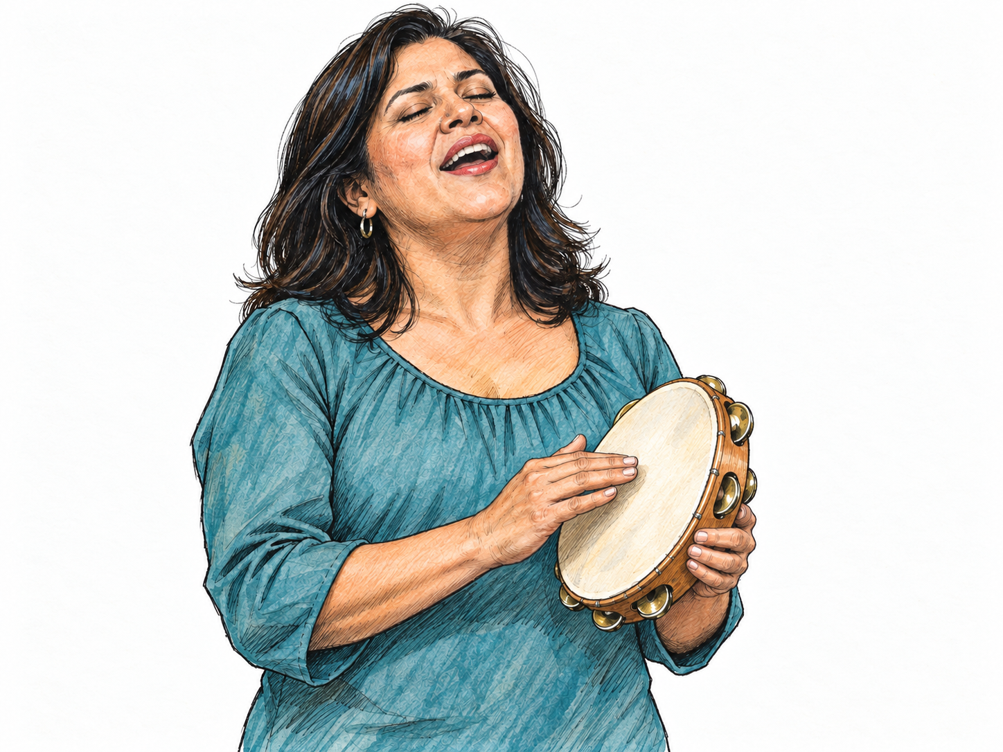 A woman sings while marking the rhythm with a small tambourine, making the person producing the rhythmic vocal performance the unmistakable subject.