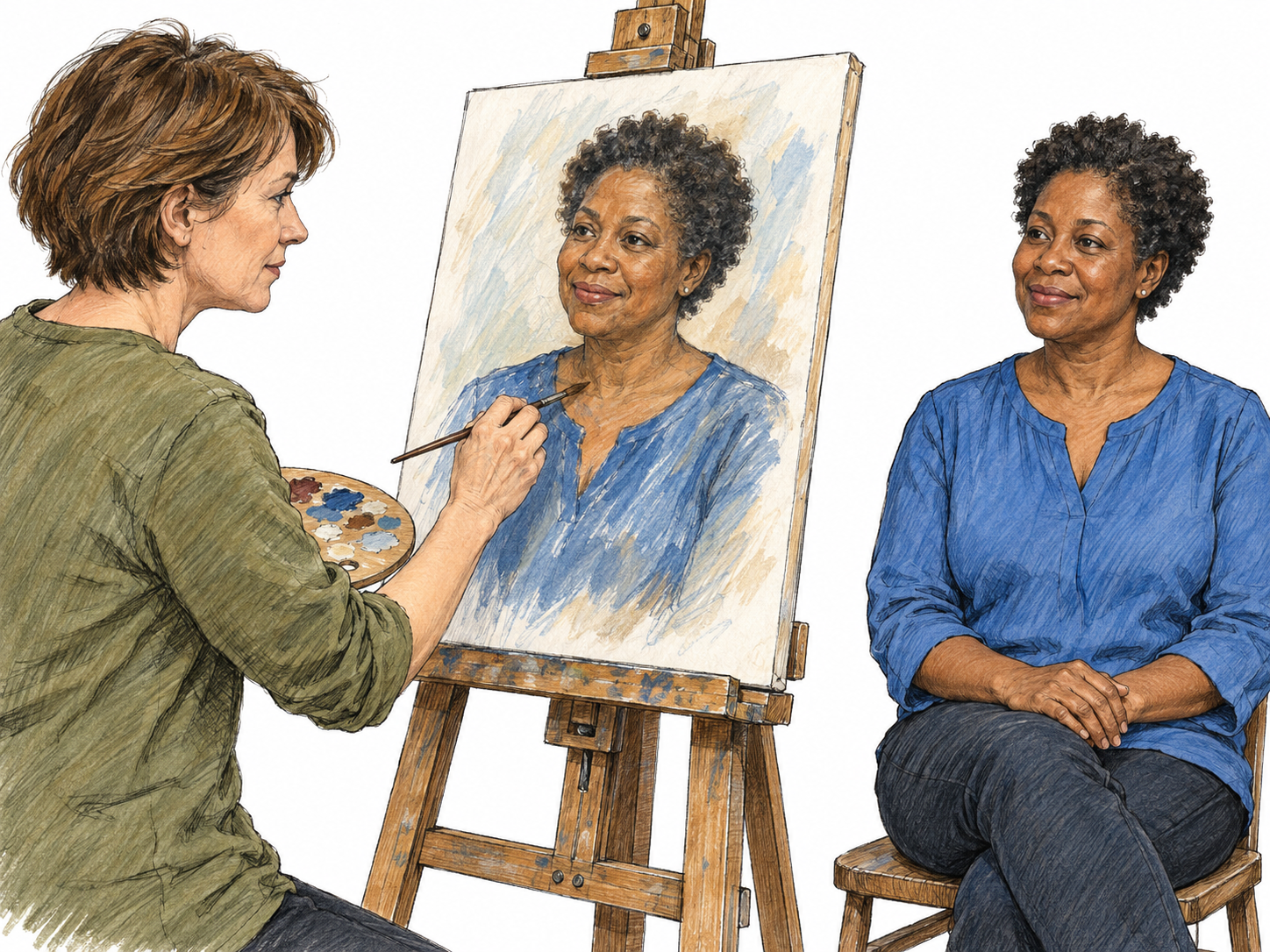 An artist paints a recognizable likeness of a seated sitter, with the sitter and matching portrait simultaneously visible.