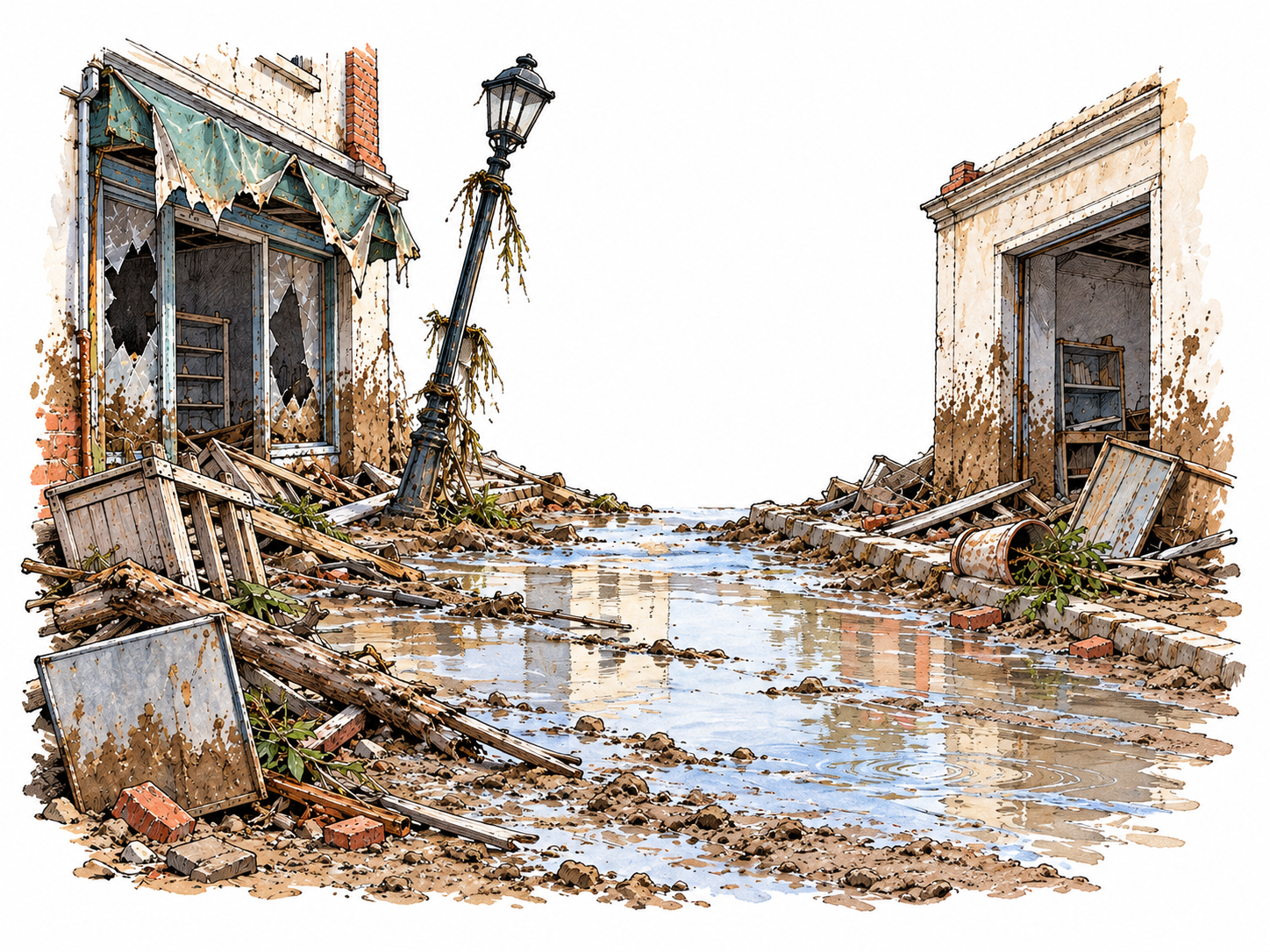 A short street section after a severe flood shows damaged empty buildings, debris and receding water; no bodies, no sensational suffering or real-place claim.