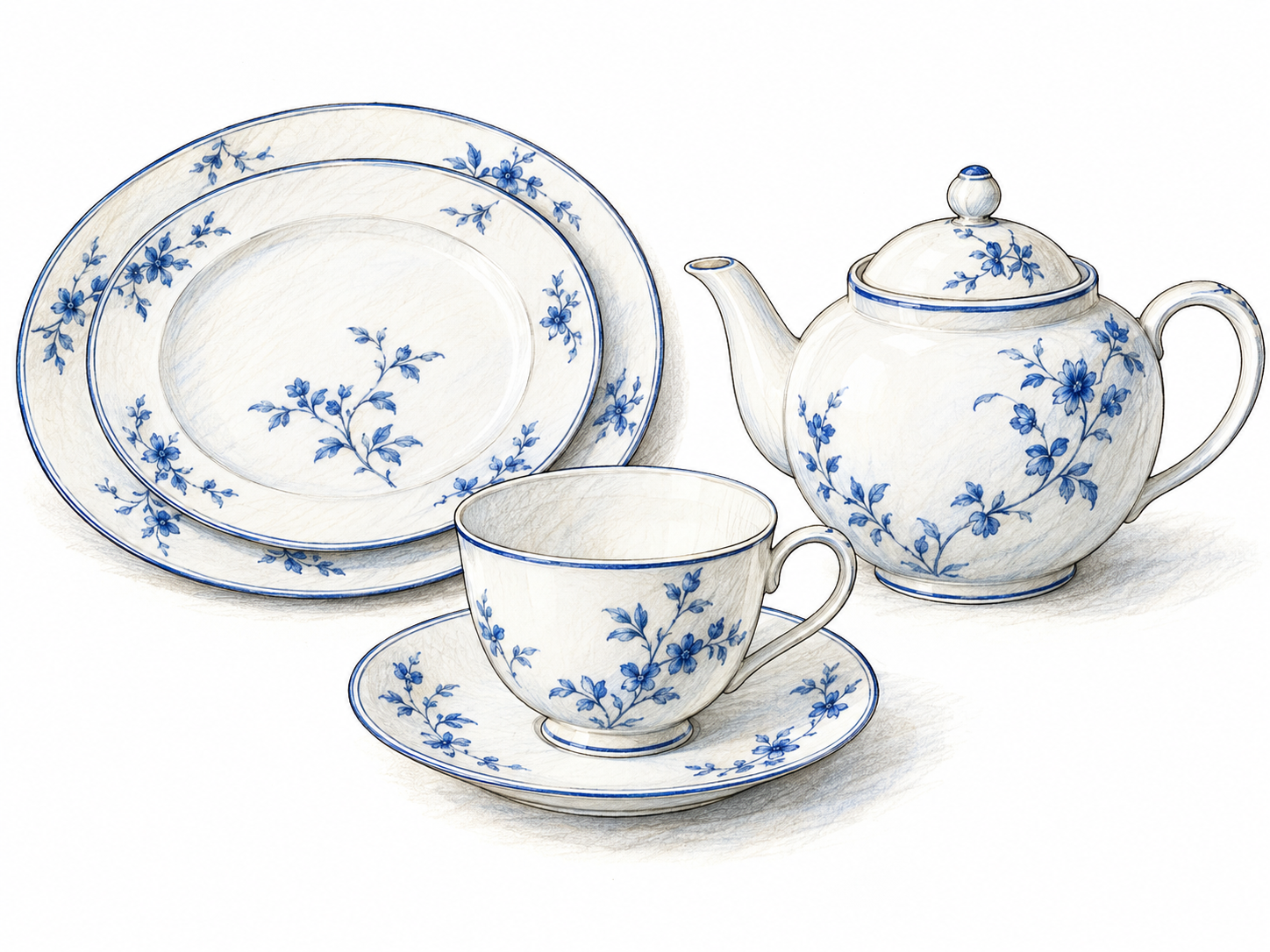 A compact still life of fine porcelain tableware: a delicate teacup on its saucer, two stacked dinner plates, and a matching teapot, with thin rims and restrained blue floral decoration.