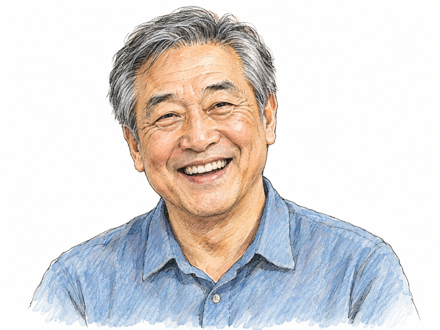 A close, chest-up portrait of an older East Asian man with a broad, tooth-showing grin, his lifted cheeks and gently crinkled eyes expressing genuine amusement.
