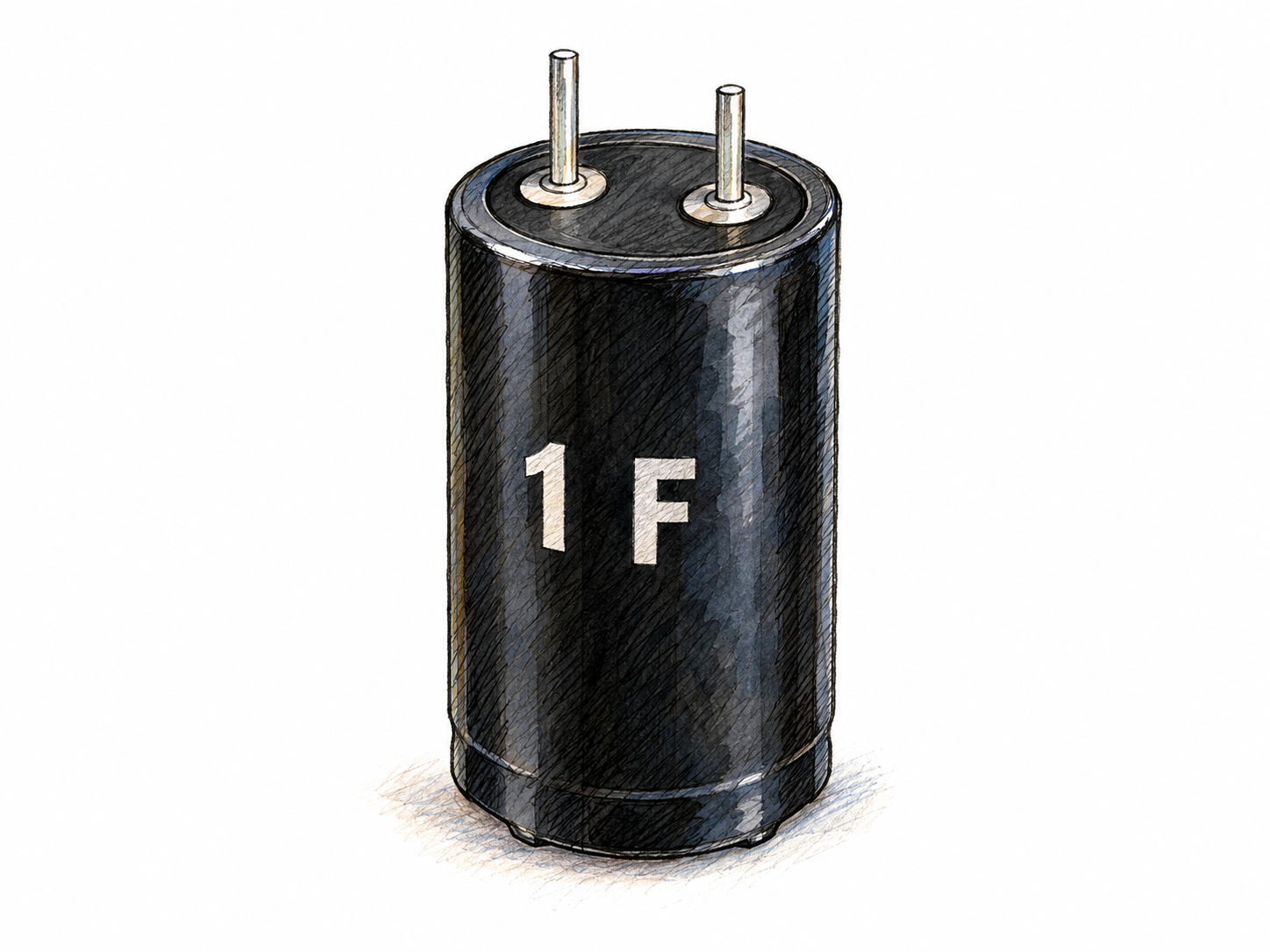 A single realistic supercapacitor with the intrinsic capacitance marking “1 F” clearly visible on its casing, making the unit concrete without an explanatory caption.