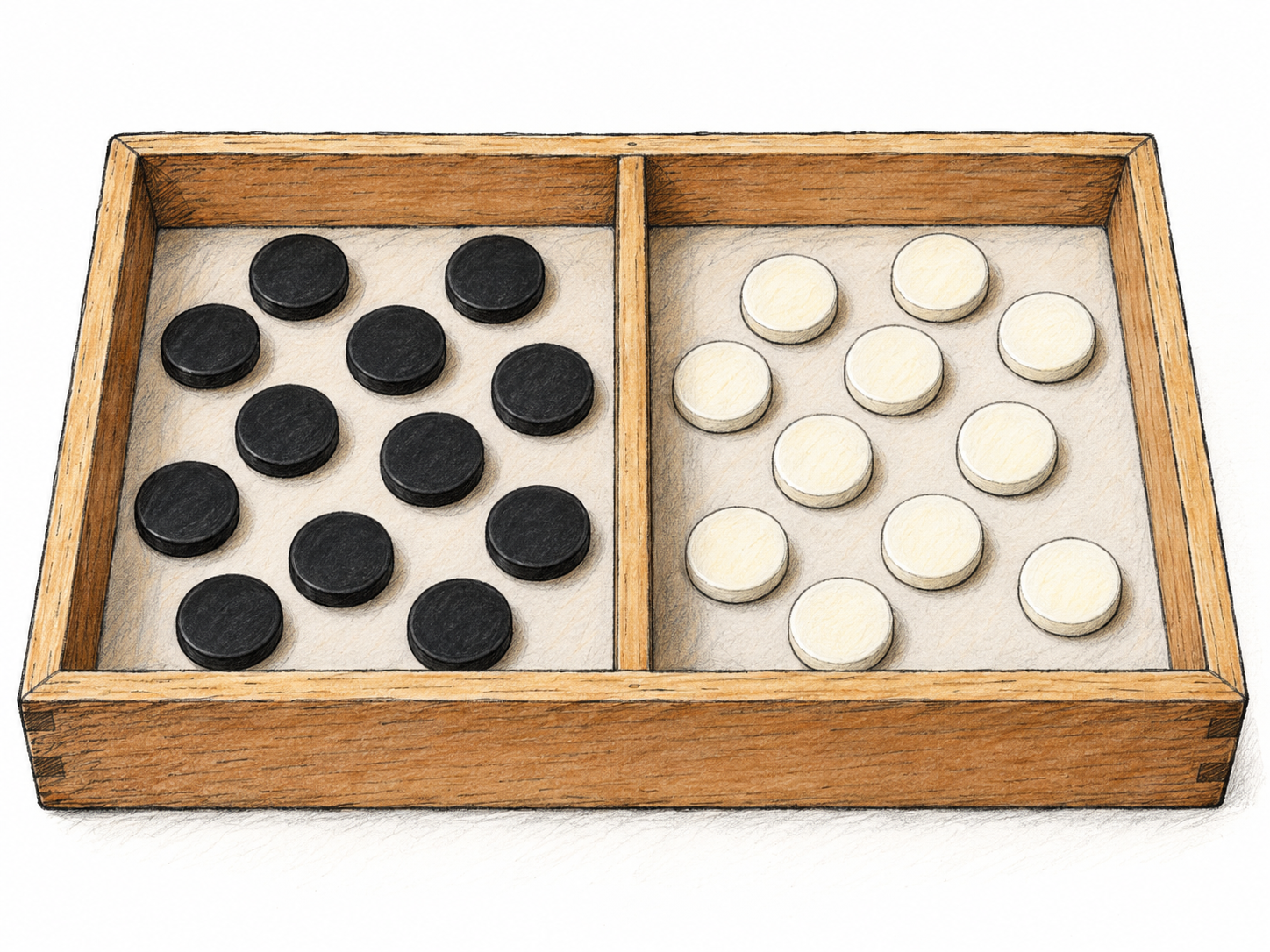 A single shallow sorting tray divided into two equal compartments: exclusively matte-black counters on one side and exclusively ivory-white counters on the other.