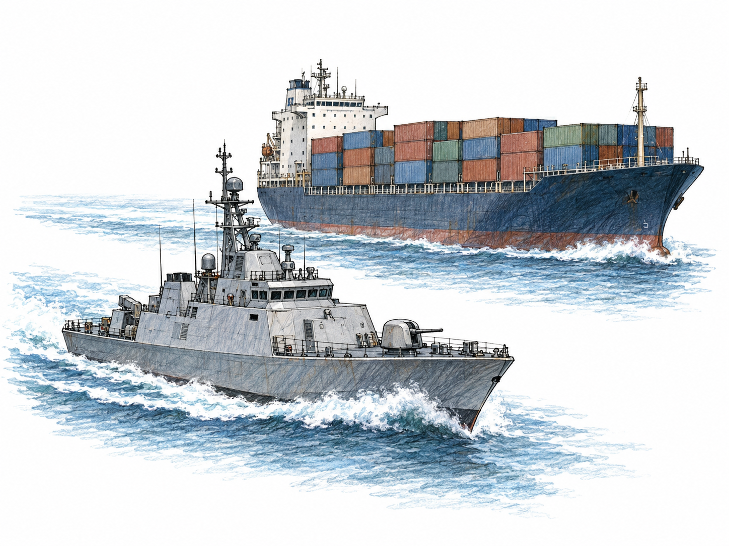 A compact modern corvette speeds alongside a much larger merchant ship, its naval equipment, small scale, and foaming wake making its fast escort role visible.