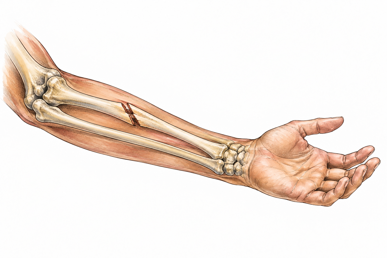 A clean anatomical illustration of a forearm bone with a clear fracture line, no gore or exposed injury.