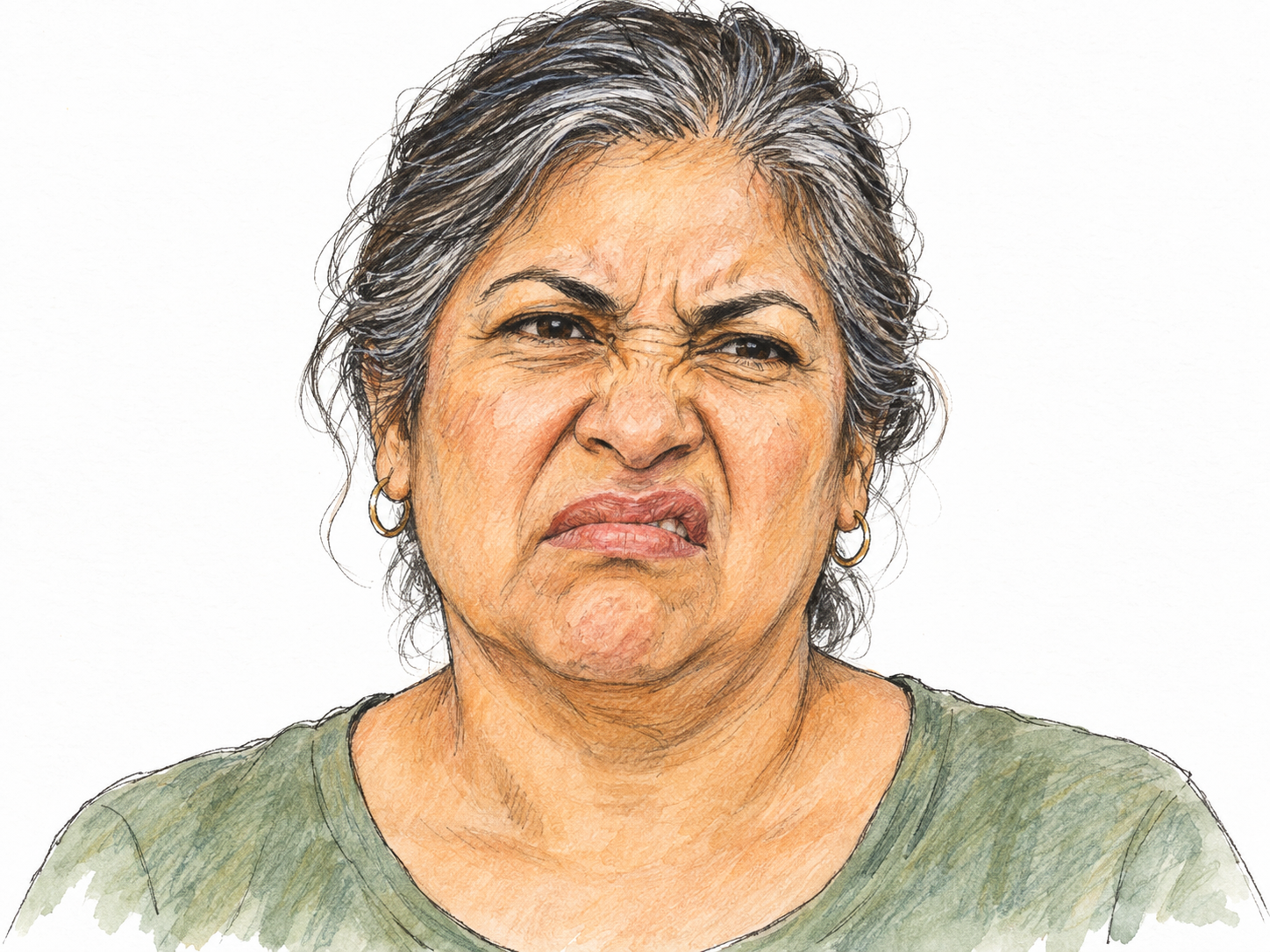 A close, uncluttered portrait of an older Latina woman making a clear grimace of disgust, with a wrinkled nose, narrowed eyes, and tightened, asymmetrical lips.