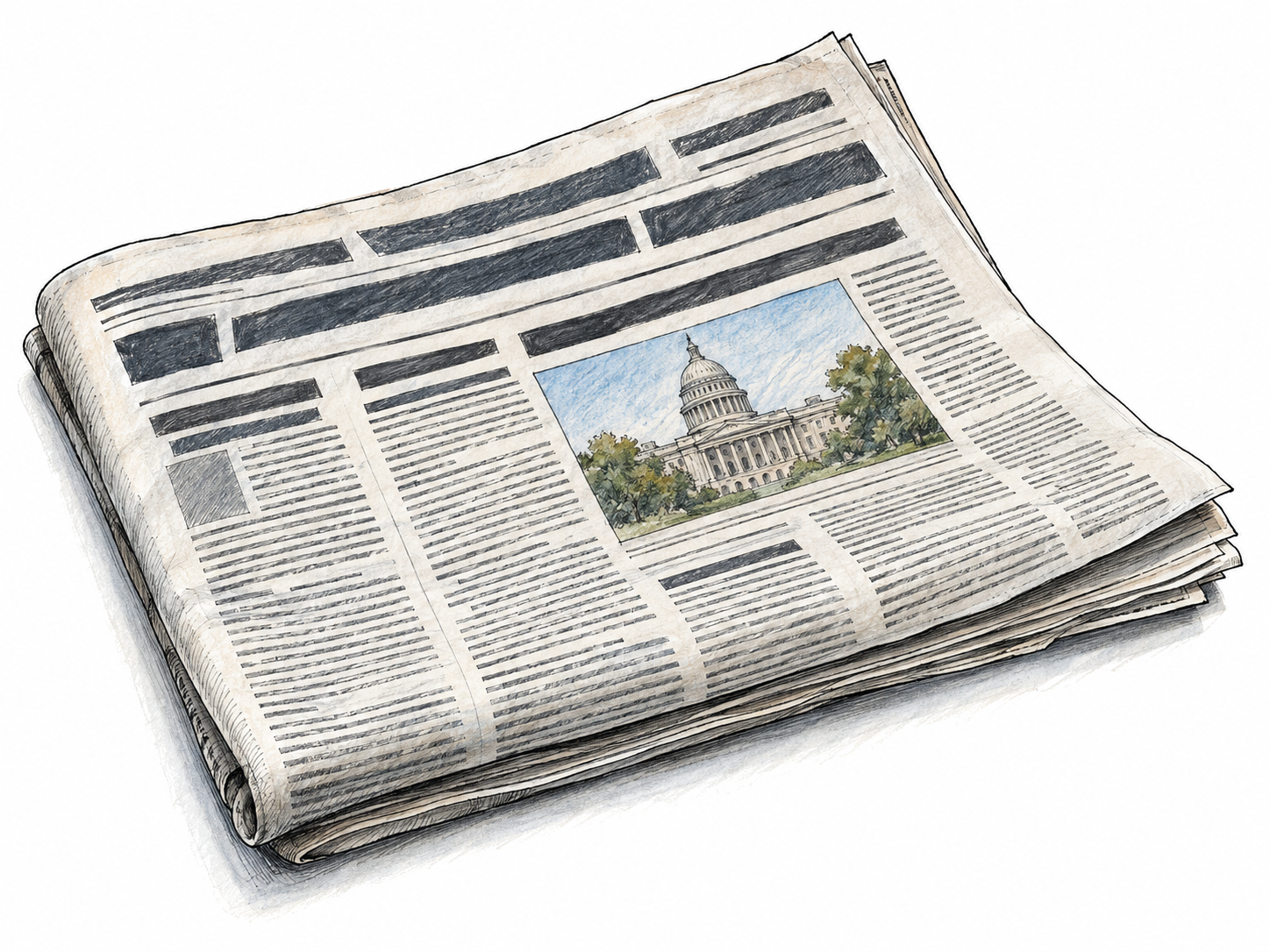 A folded newsprint newspaper with its front page partly opened, showing a recognizable editorial column layout and a small news illustration without readable writing.