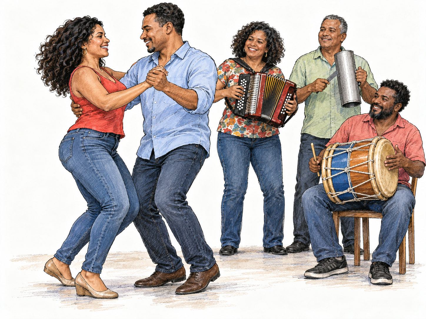A Dominican merengue couple dances in a close ballroom-style hold beside a small live ensemble playing accordion, güira and tambora.
