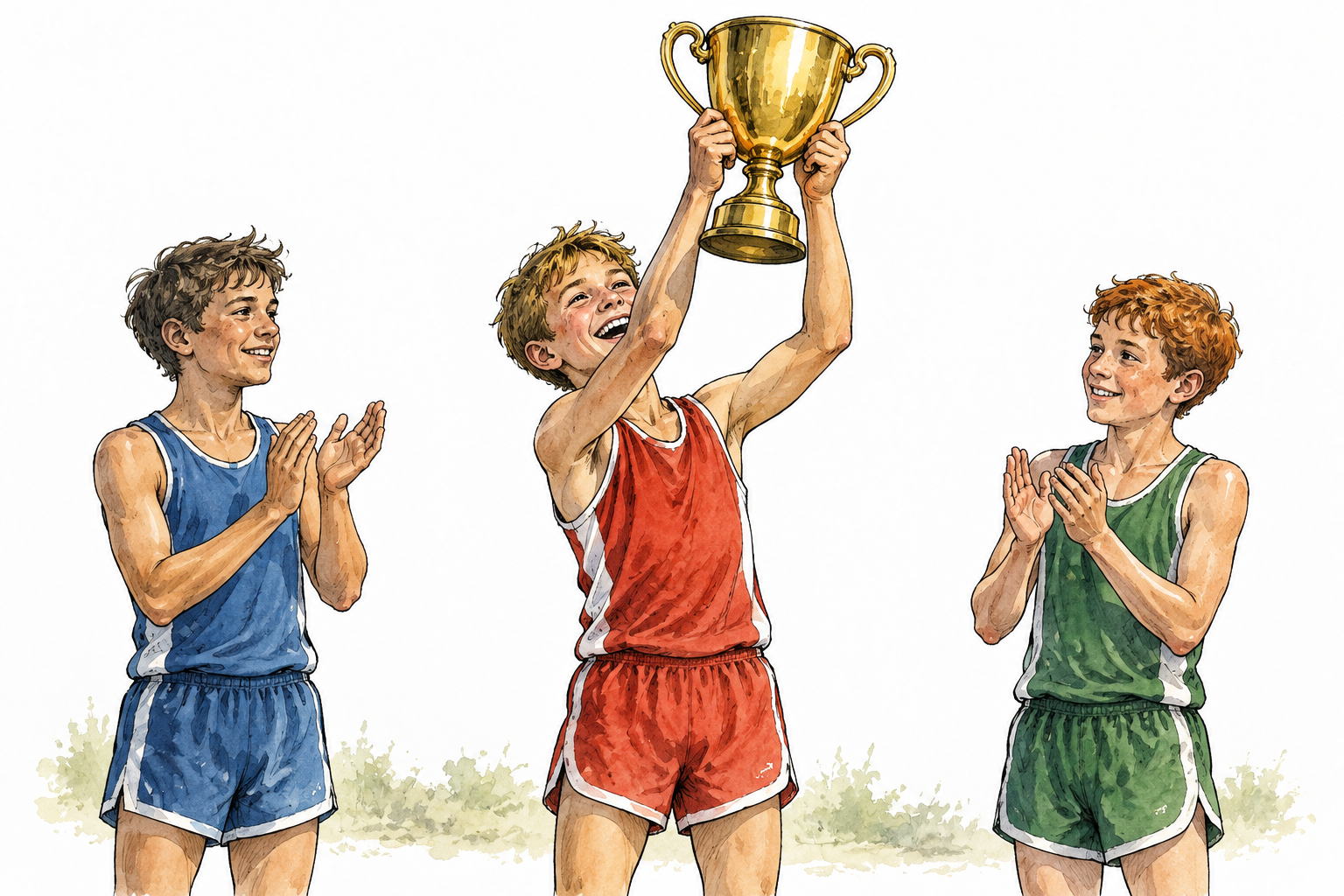 A young athlete joyfully receiving a large plain gold trophy cup after a race while two other athletes applaud, no engraving, banners, writing or jersey numbers.