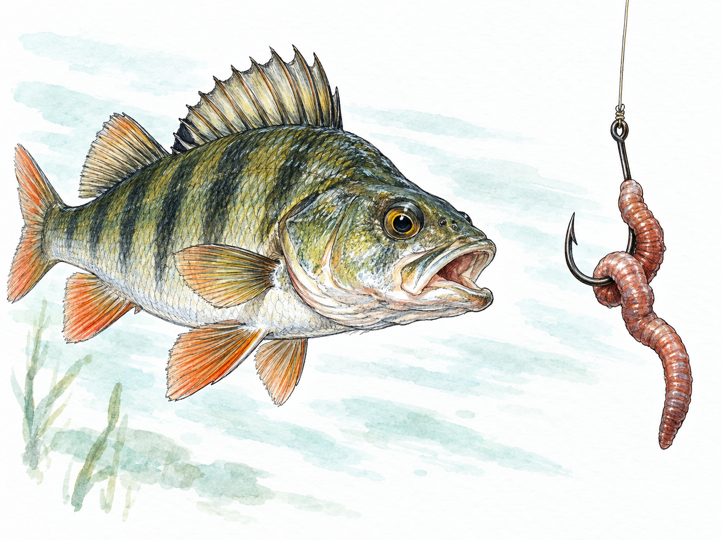 A worm threaded onto a fishing hook attracts a fish approaching with its mouth open.