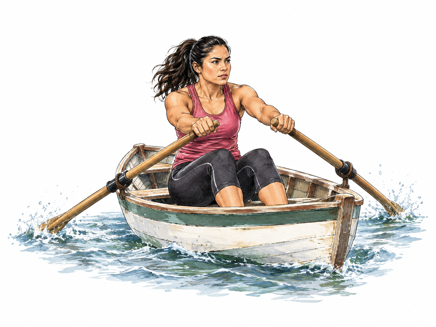 Athlete rows a small boat with a forceful coordinated stroke, arms/body/oars mechanically consistent.